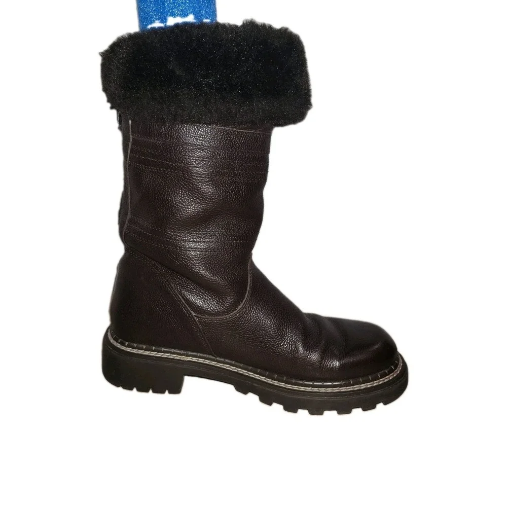 Bass Torino Women's Brown Leather Boots Size 7 M Faux Fur Zip Mid Calf Winter